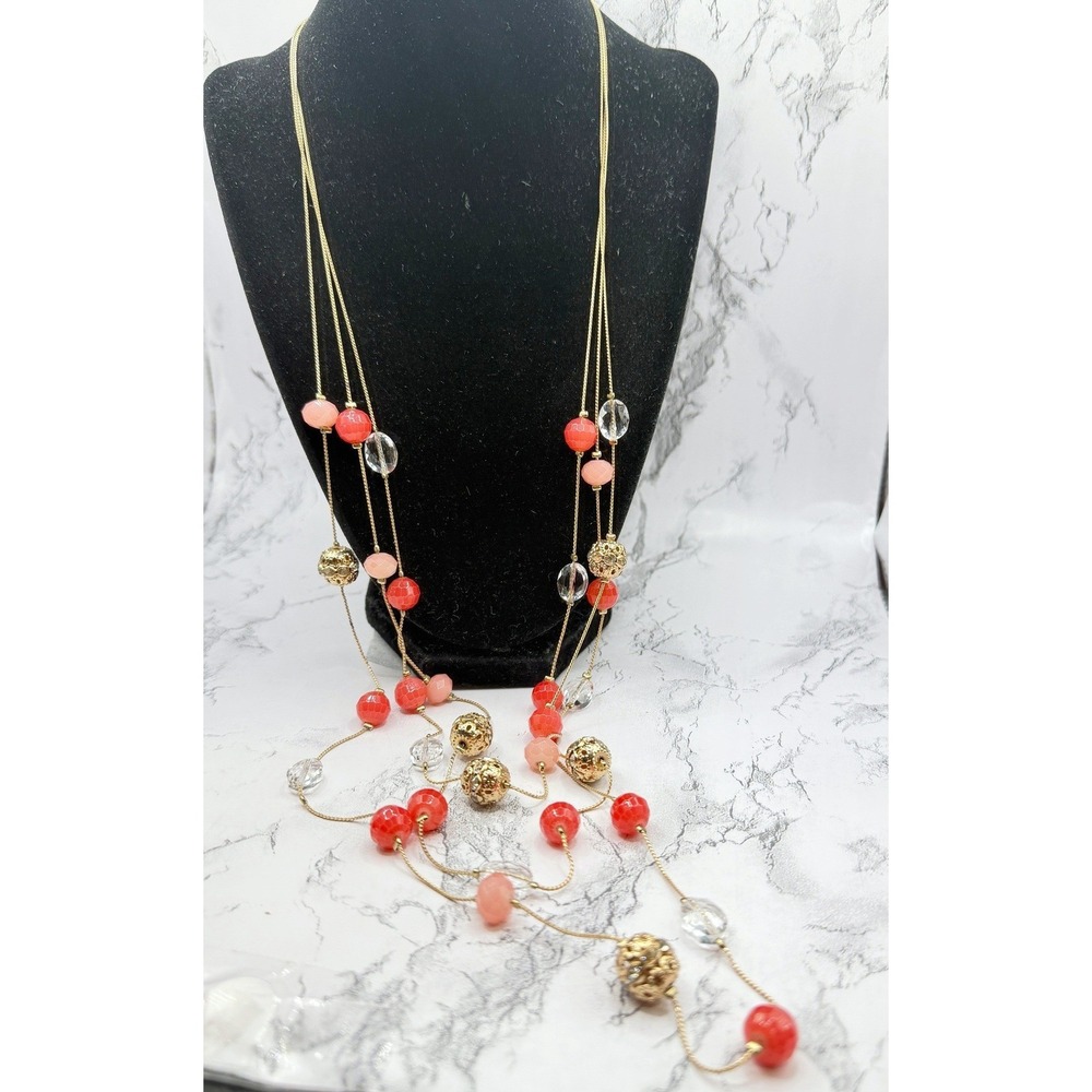 Charming Charlie Gold 3 Strand Glass Bead Necklace Pink Coral Clear